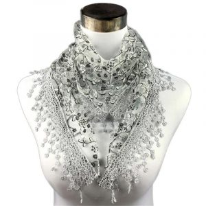 Women’s Beautiful Soft Embroidered/ Lace Trigonometry Fashion scarf– Silver/ Gray