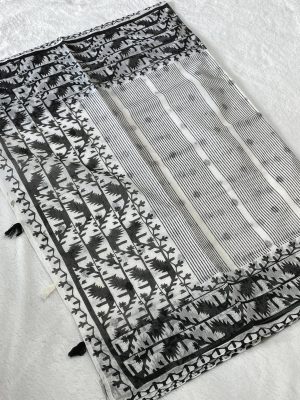 Jamdani Print Cotton Saree - White & Black Colors