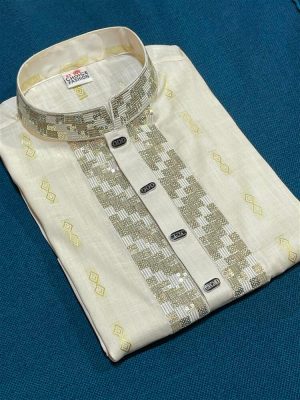 Men’s Premium Cotton Panjabi/Kurta - Sequence Embroidery work  - Beige color