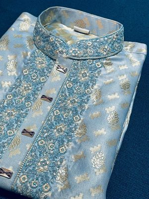 Men’s Silk Panjabi/Kurta - Embroidery work - Light-blue/Sky-blue color