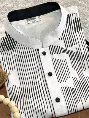 Men’s Khadi Cotton Hand Block print work Panjabi/Kurta - White body with Black color work