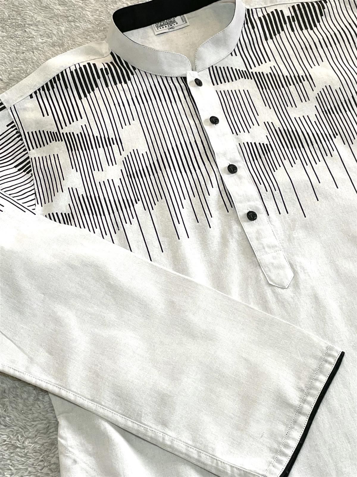 Men’s Khadi Cotton Hand Block print work Panjabi/Kurta - White body with Black color work - Image 2