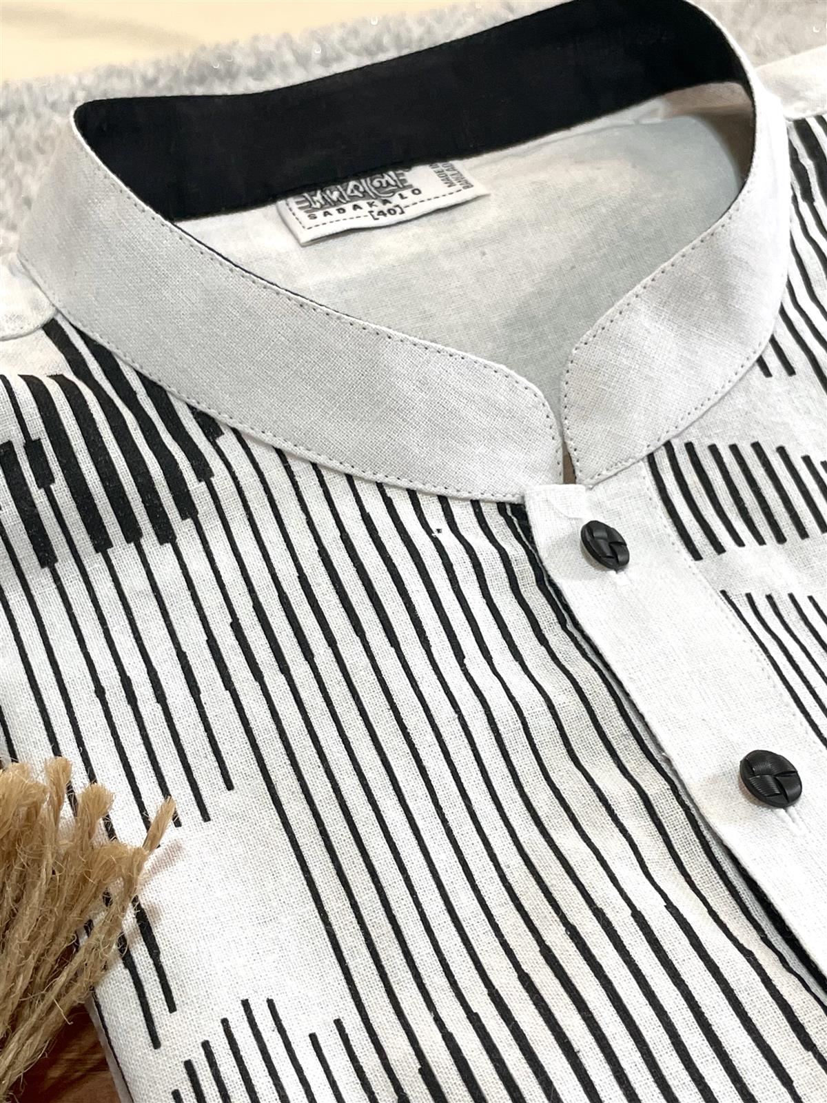 Men’s Khadi Cotton Hand Block print work Panjabi/Kurta - White body with Black color work - Image 3