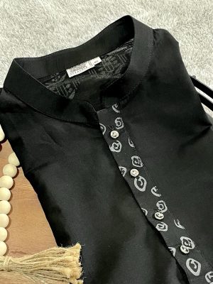 Men’s Andy Cotton Hand Block print work Panjabi/Kurta - Black body with White color work