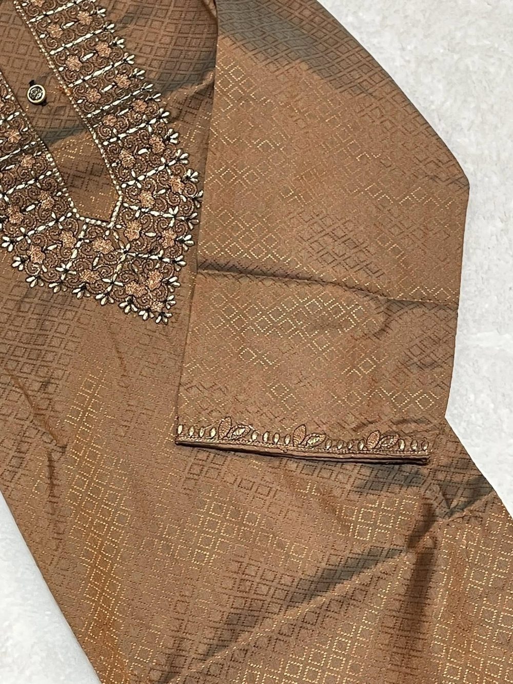 Men’s Embroidered Synthetic fabric Panjabi/Kurta - Brown/Coffee color - Image 3