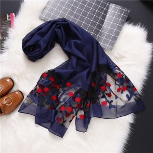 Very beautiful, light weight cutout flower tissue silk scarf, navy blue for women