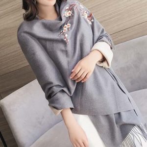Winter Warm Solid Soft Wool Flower Embroidery Scarf/ Shawl/ Wraps for Women, Gray