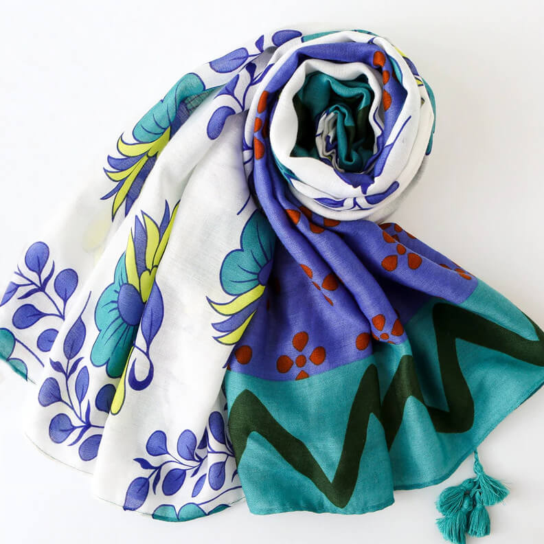 Wonderful Flower printed Viscose Long Tassel Scarf/ hijab, Green, purple,  white colors for women - Ritzy Collection