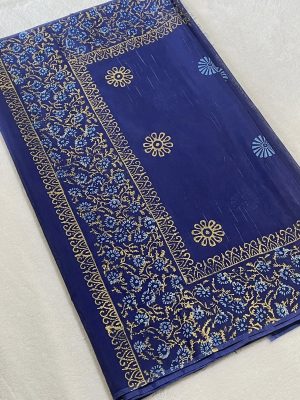 Andy Cotton Handcrafted Block Print Saree - Navy Blue color