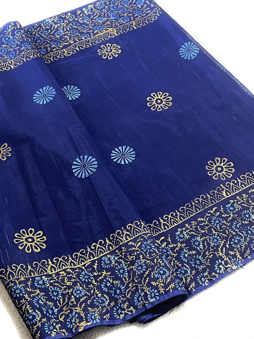 Andy Cotton Handcrafted Block Print Saree - Navy Blue color - Image 2