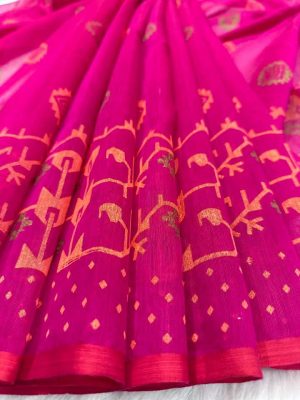 Jamdani-style Handcrafted Block print Half Silk and cotton mixed Saree - Hot Pink color