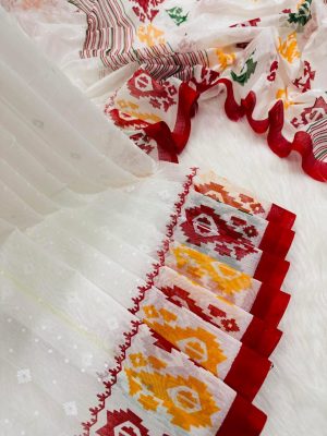 Jamdani-style Handcrafted Block print Half Silk and cotton mixed Saree - White vibrant mixed colors