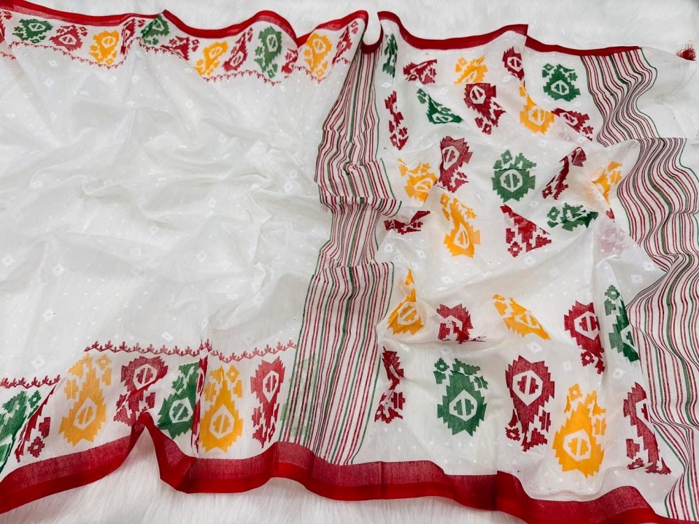 Jamdani-style Handcrafted Block print Half Silk and cotton mixed Saree - White vibrant mixed colors - Image 2