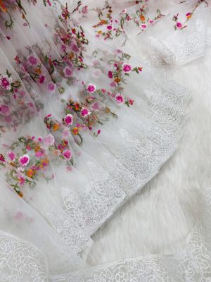 White Organza Saree with Colorful Floral Embroidery