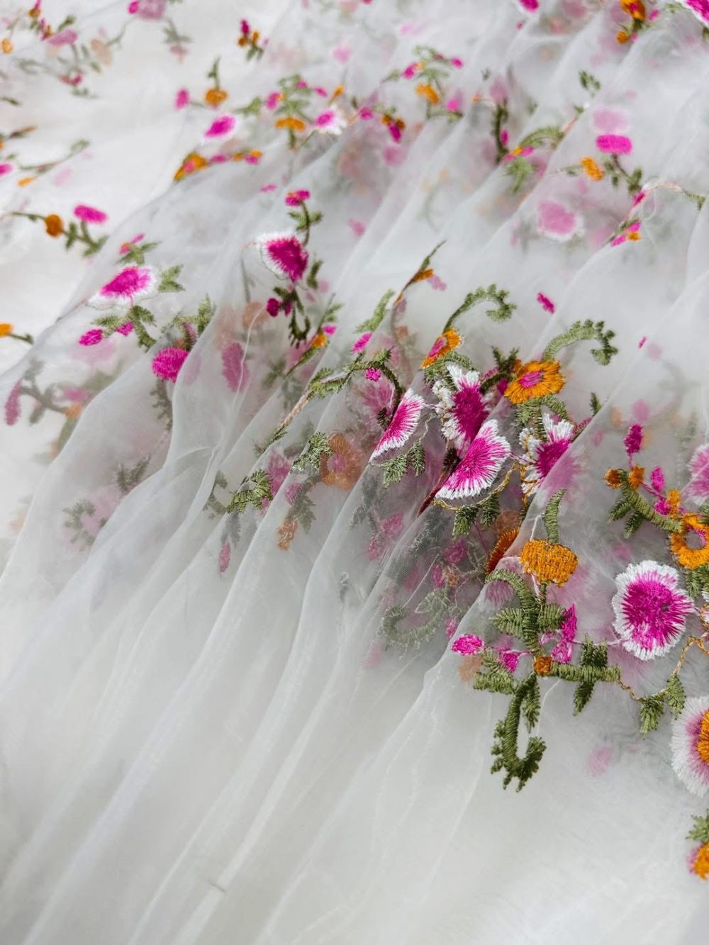 White Organza Saree with Colorful Floral Embroidery - Image 2
