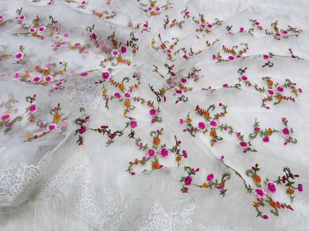 White Organza Saree with Colorful Floral Embroidery - Image 3