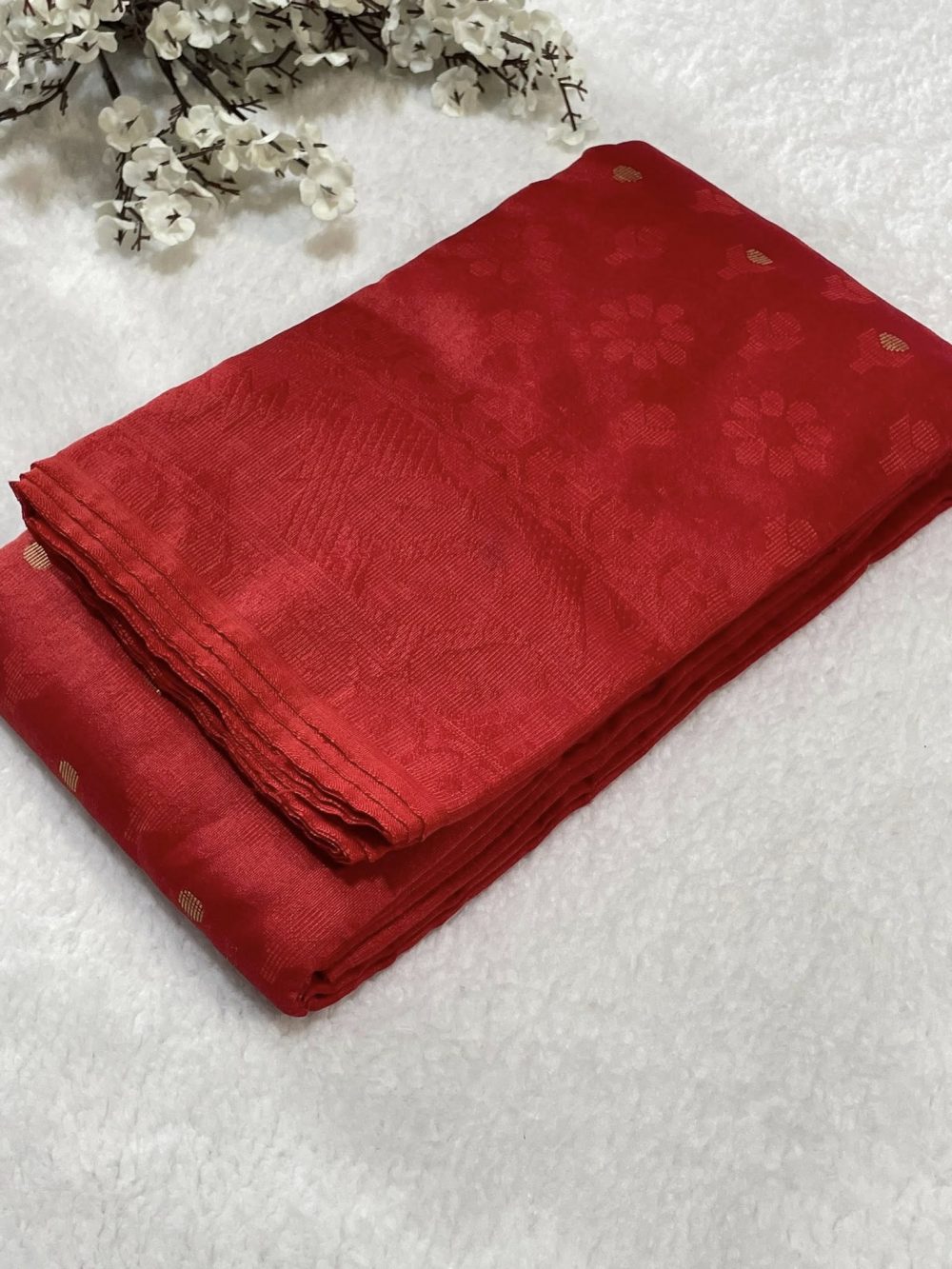 Half Silk Machine-Made Jamdani Saree - Red color - Image 3