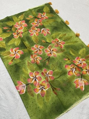 Hand brush-painted Semi-Muslin Saree - Green color