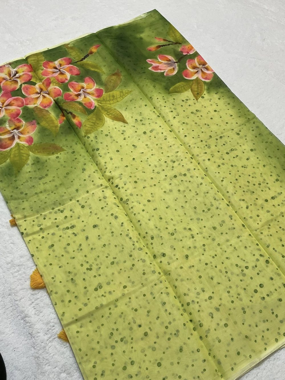 Hand brush-painted Semi-Muslin Saree - Green color - Image 2