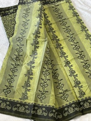 Tanth Cotton Floral design Saree - Olive-Green color