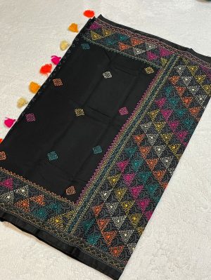 Block and Katha stich Dhpian Silk Saree - Black color