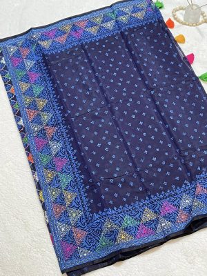 Block and Katha stich Dhpian Silk Saree - Blue color