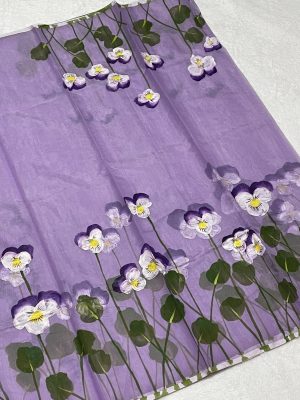 Hand brush-painted Semi-Muslin Saree – Lavender color