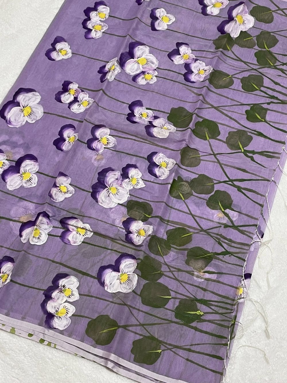 Hand brush-painted Semi-Muslin Saree – Lavender color - Image 3