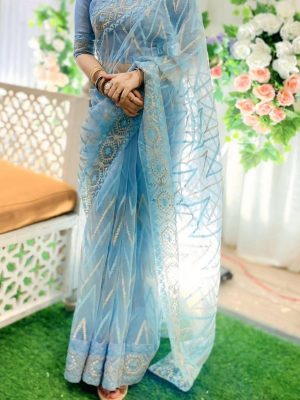 Organza Muslin Embroidered Saree with matching blouse piece - cute Light Blue color