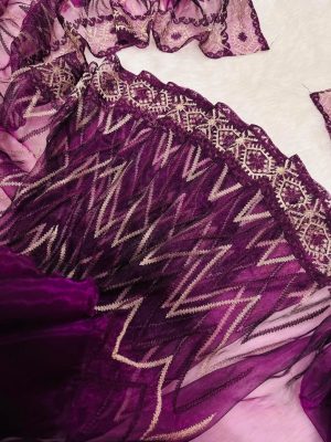 Organza Muslin Embroidered Saree with matching blouse piece - Deep Purple color