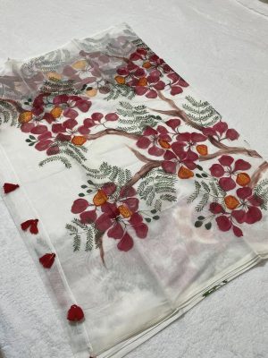 Semi-Muslin Hand-Painted Saree – White with Red Krishnochura Flowers