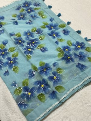 Semi-Muslin Brush-painted/ Hand-painted Saree - Light-Blue color with Flowers