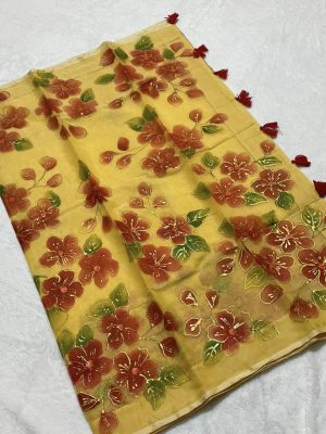 Semi-Muslin Brush-painted/ Hand-painted Saree - Yellow color with Flowers