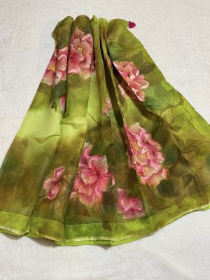 Semi-Muslin Brush-painted/ Hand-painted Saree - Green color with Pink flowers