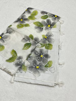 Semi-Muslin Brush-painted/ Hand-painted floral design Saree - White, Green color