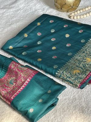 Katana saree – Teal-green, Hot-pink color
