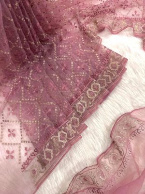 Organza Muslin Embroidered Saree with matching blouse piece – Moff-Pink color