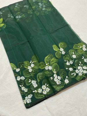 Semi-Muslin Brush-painted/ Hand-painted floral design Saree – Green color with white Jasmine flower