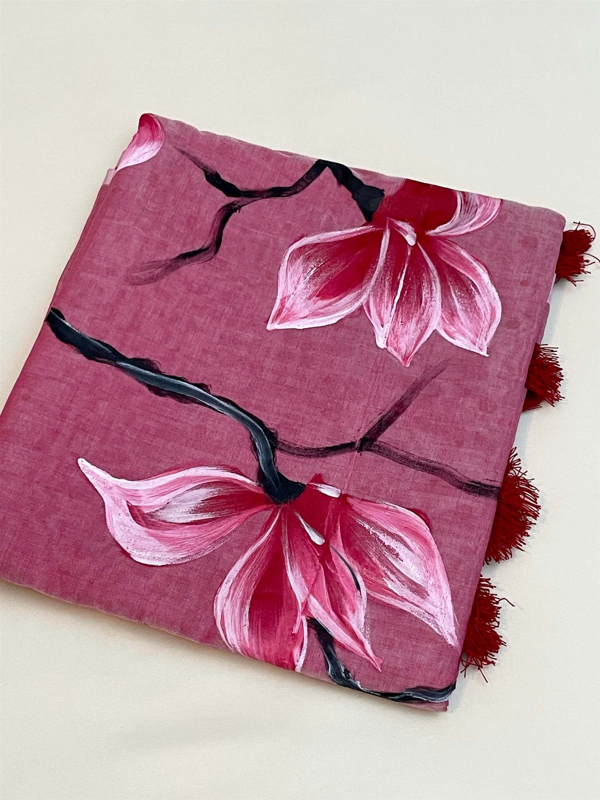 Semi-Muslin Brush-print (hand painted) - Saree - Light-Red - Image 4