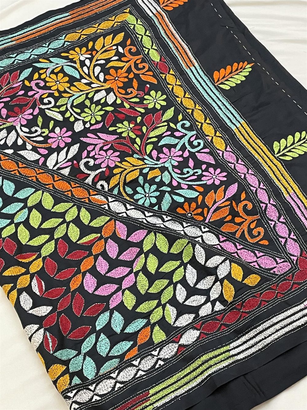 Silk Katha-Stitch (All-over Hand work) Black Saree with multi-color ...