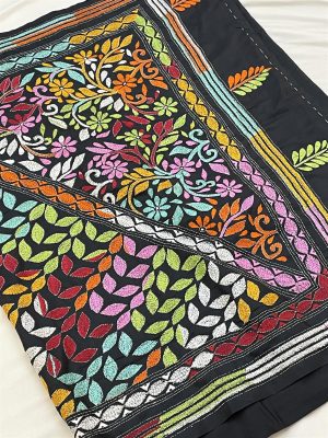 Silk Katha-Stitch (All-over Hand work) Black Saree with multi-color work with blouse piece