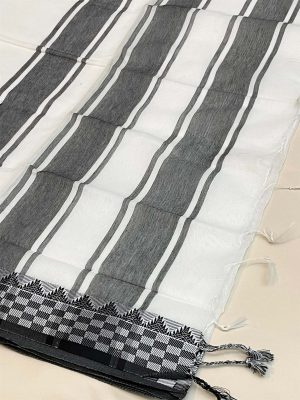 Half Silk Saree – White color body with Black border