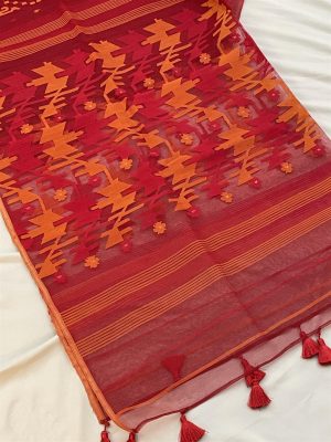 Jamdani Saree with Premium Quality 80 Count thread – Red, Orange color All over heavy work with Blouse piece