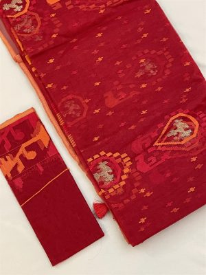 Jamdani Saree with Premium Quality 80 Count thread – Red, Orange color All over heavy work with Blouse piece