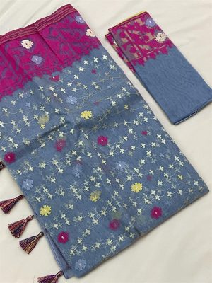 Jamdani Saree with Premium Quality 80 Count thread – Bluish-Gray body with Magenta and Yellow border