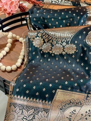 Benaroshi Katan Saree – Bottle Green with Gold Work - with blouse piece