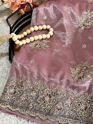 Shimmery Organza, Embroidery, Stone and Sequin work Saree - Onion pink color - with blouse piece