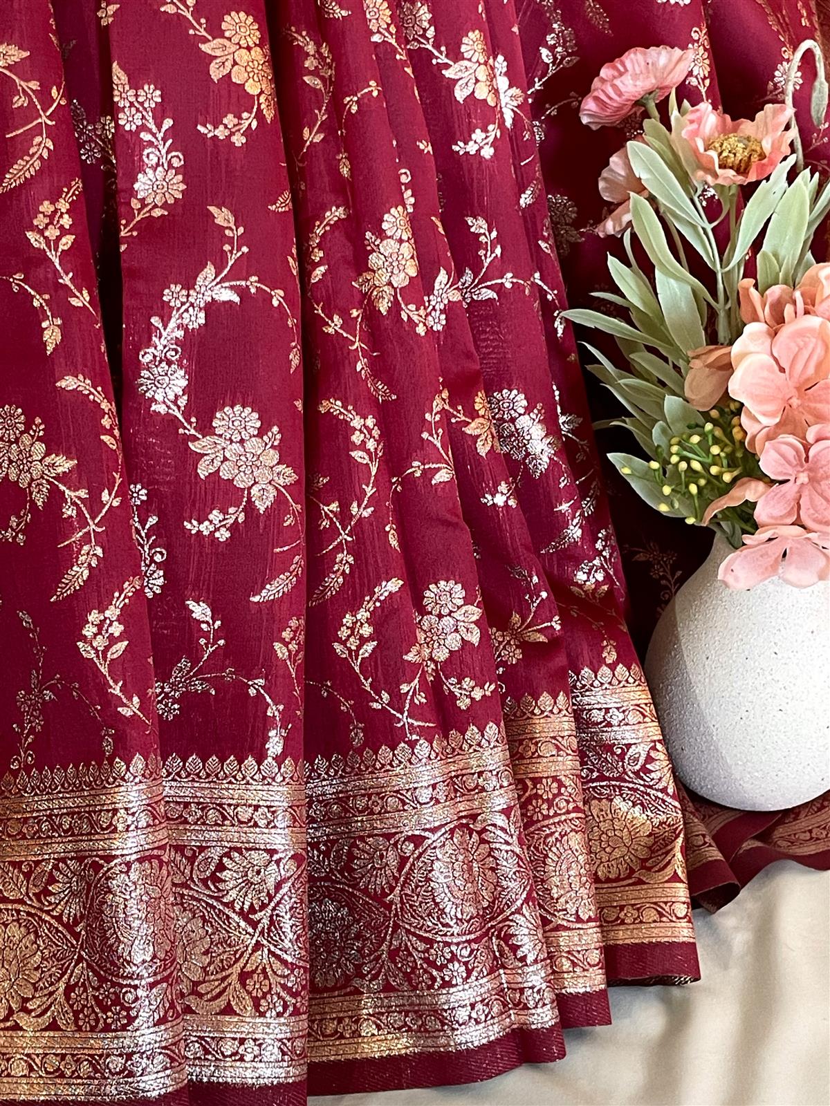 Banarasi Katan saree in wine red color - with Blouse piece - Image 2